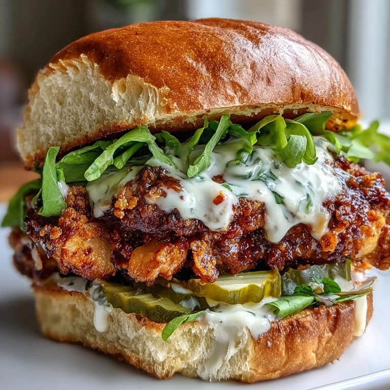 Juicy, spicy chicken sandwich stacked high on a brioche bun with pickles and drizzled with homemade sauce.