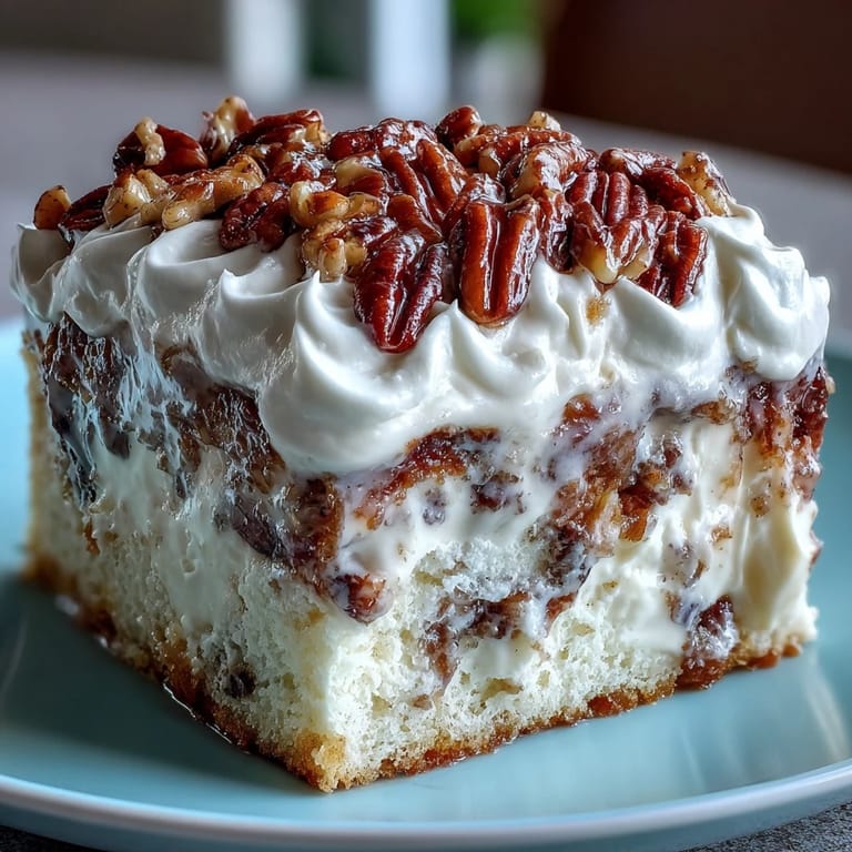 Warm slices of Butter Pecan Tres Leches Cake soaked in milk, topped with creamy frosting and caramelized nuts.