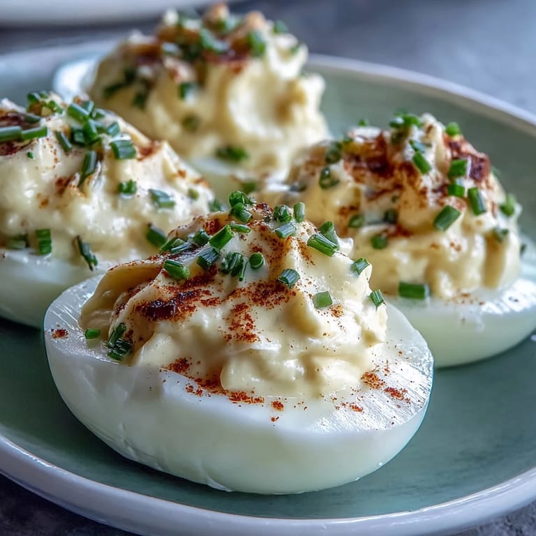 Creamy Million Dollar Deviled Eggs with chives and paprika arranged neatly on a white serving platter.