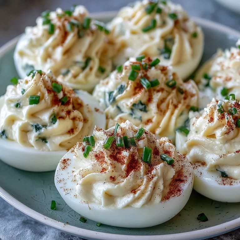 Million Dollar Deviled Eggs topped with paprika and fresh chives, ready to serve at a party.