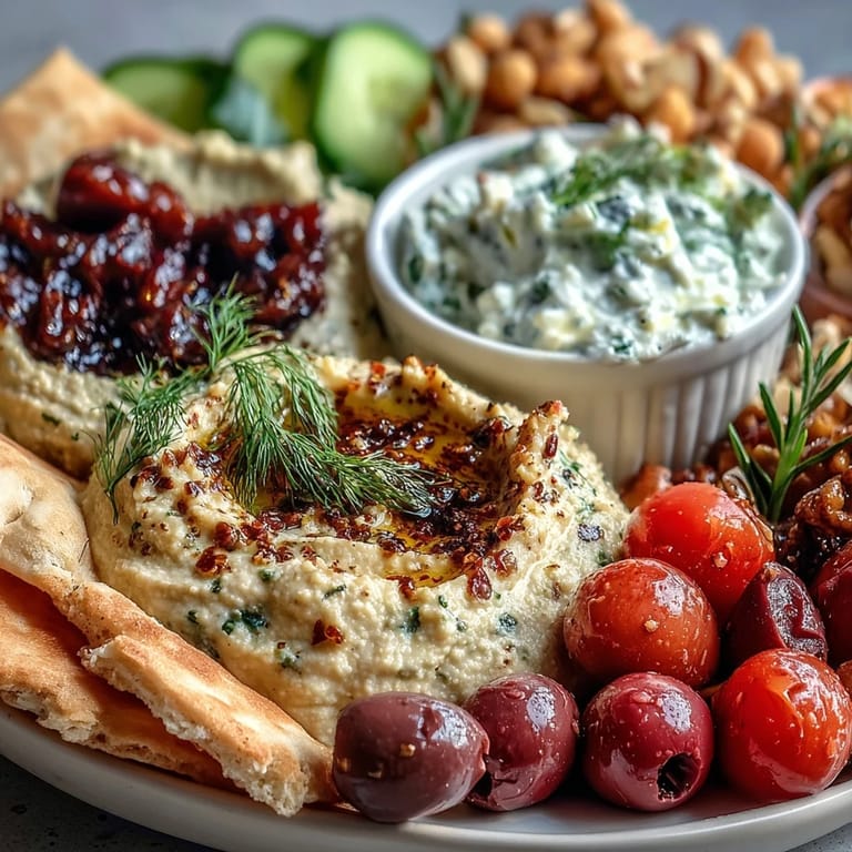 Fresh Mediterranean brunch board with dips and flatbreads features crisp cucumbers, tomatoes, and bell peppers, ready for a savory appetizer spread.