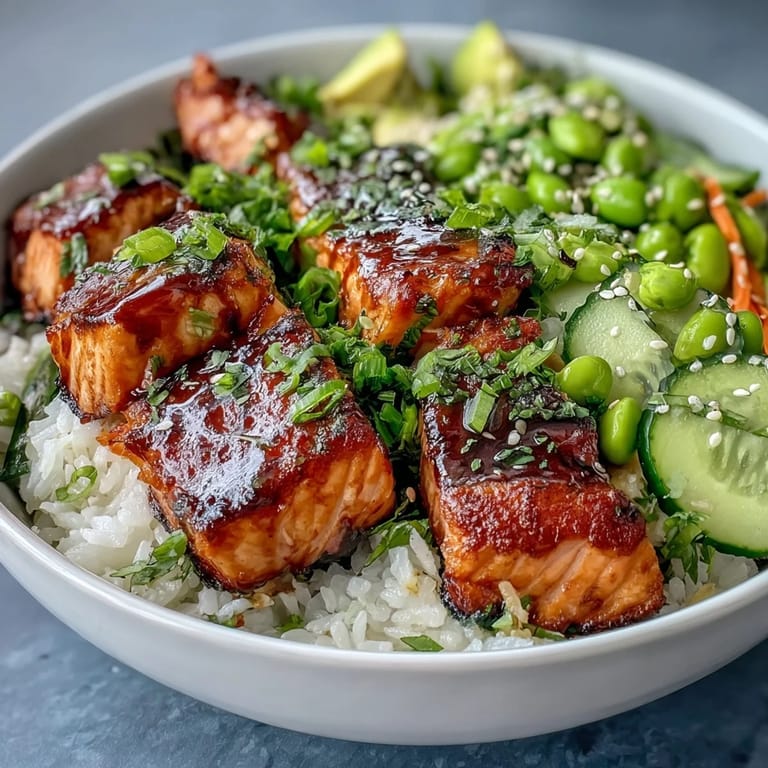 Warm Baked Salmon Rice Bowl with tender fish, edamame, and creamy avocado slices, garnished with green onions and sesame seeds for a perfect weeknight dinner.
