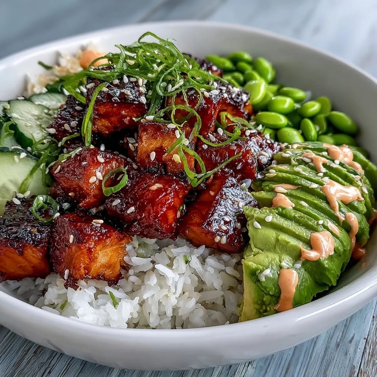 Sizzling baked salmon and spicy mayo bring bold flavor to a wholesome Salmon Rice Bowl with fluffy rice and crisp veggies.