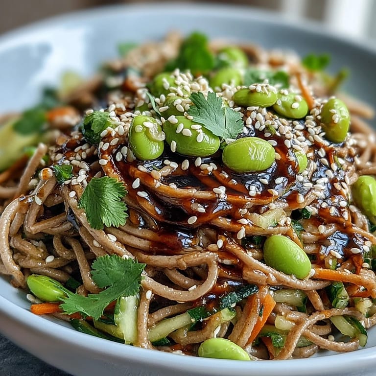 Overhead view of a fresh Soba Noodle Bowl served in a rustic ceramic dish, garnished with toasted sesame seeds and fresh cilantro, ready to be enjoyed as a light meal.