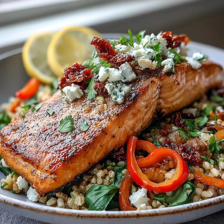 A close-up of Mediterranean Salmon Bowl featuring flaky salmon, colorful bell peppers, cilantro, and lemon wedges for a fresh squeeze.