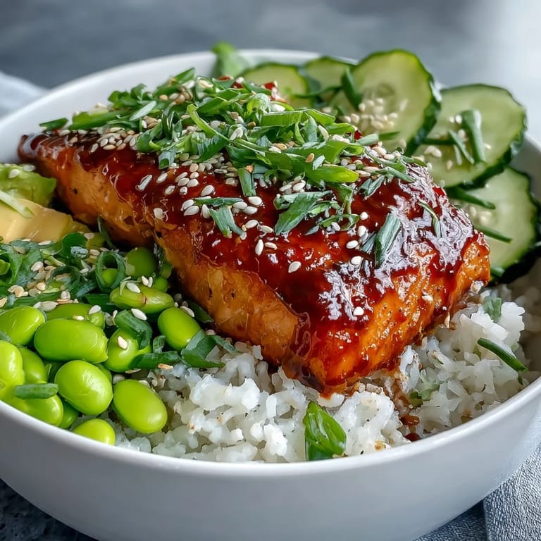 Bright and colorful Honey Sriracha Salmon Bowl topped with creamy avocado slices and a drizzle of sriracha mayo.
