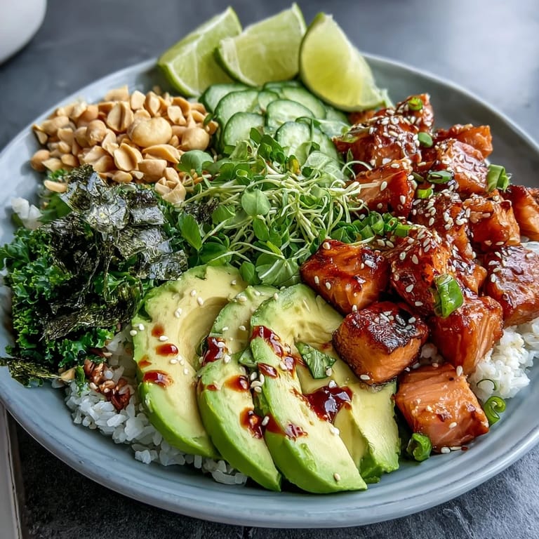 Colorful Avocado Salmon Bowl featuring seasoned rice, tender fish, crisp cucumber, spring onions, and sesame seeds, finished with a spicy drizzle of chili oil.