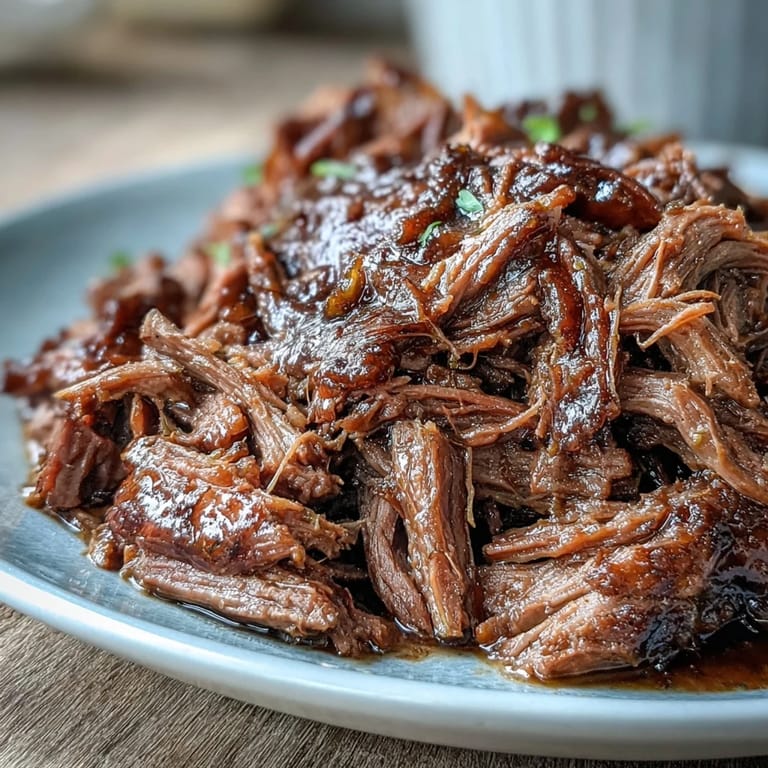 A close-up of Slow Cooker Mississippi-Style Ranch Beef piled high with pickled pepperoncini peppers for a tangy bite.