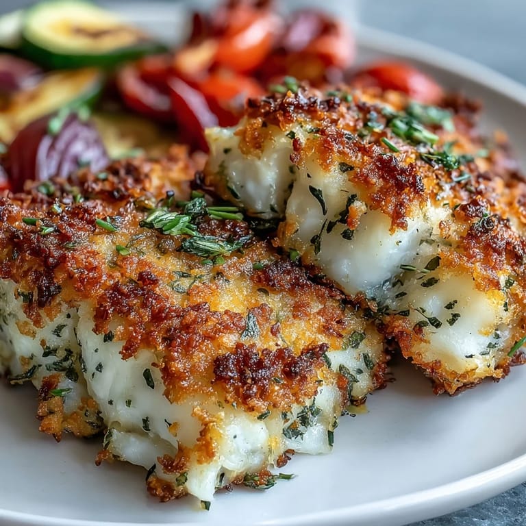 Fork-tender cod filets with a crispy Asiago-parmesan crust alongside roasted vegetables and lemon wedges.
