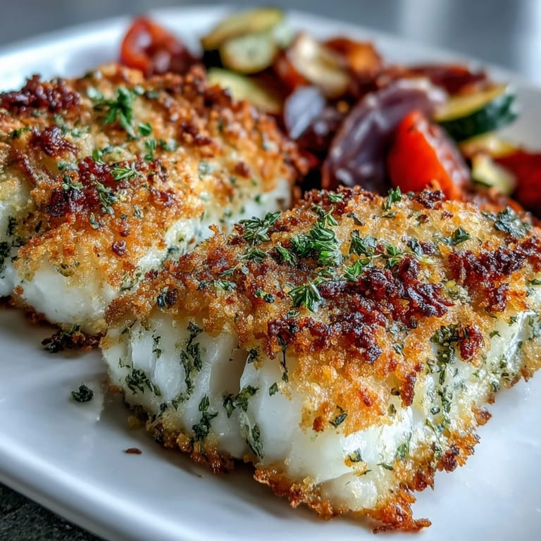 Freshly baked Parmesan Crusted Sheet Pan Fish & Veg served family-style with colorful roasted tomatoes and onions.
