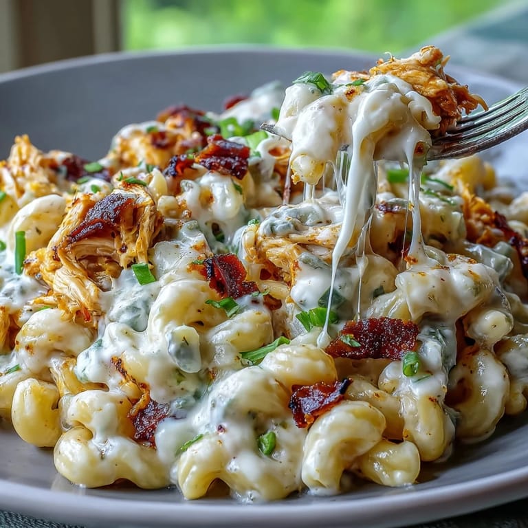 A close-up of Creamy Jalapeño Popper Chicken Pasta garnished with fresh chives and extra jalapeño slices.
