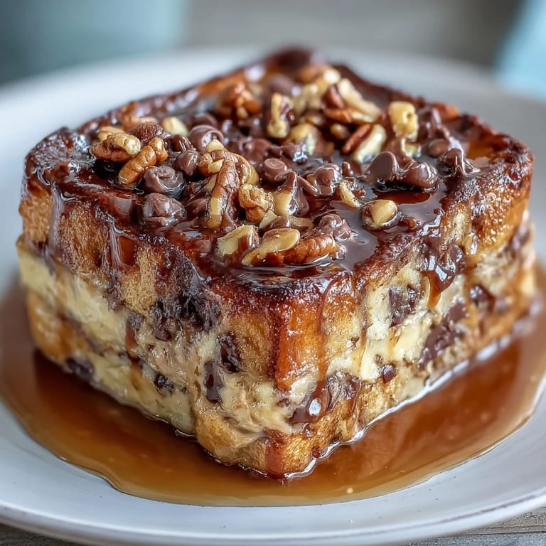 Freshly baked High-Protein Peanut Butter & Chocolate Baked French toast topped with melted chocolate chips and chopped peanuts, served warm.