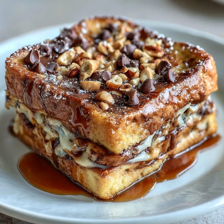 A close-up of a slice of High-Protein Peanut Butter & Chocolate Baked French toast, revealing a moist, chocolate-swirled custard center.