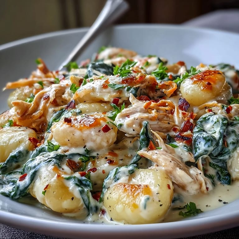 Imagine tender potato gnocchi and juicy chicken tossed in a creamy sauce with vibrant wilted spinach for a satisfying family meal.