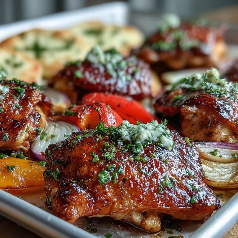 Golden, crispy chicken thighs and fluffy garlic naan are garnished with fresh cilantro on a parchment-lined sheet pan for a rustic family-style presentation.