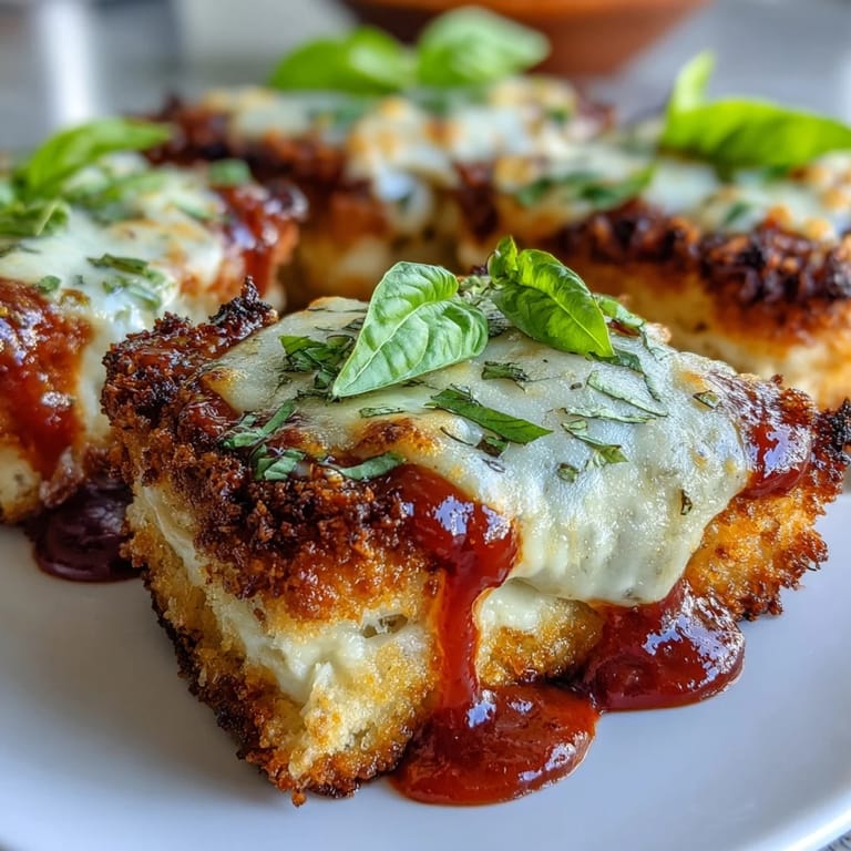 Golden-brown tofu cutlets smothered in rich marinara sauce for a vegetarian Italian-American dinner idea.