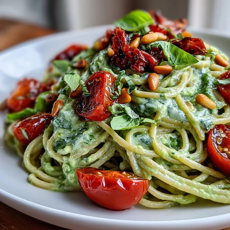 Silky avocado-lime sauce coats al dente pasta and sweet cherry tomatoes, creating a refreshing, dairy-free dish perfect for summer dining.