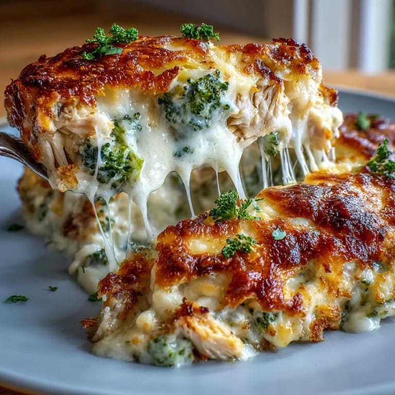 Cheesy Keto Broccoli Chicken Bake featuring juicy shredded chicken, steamed broccoli florets, and a rich cream sauce, baked until golden.