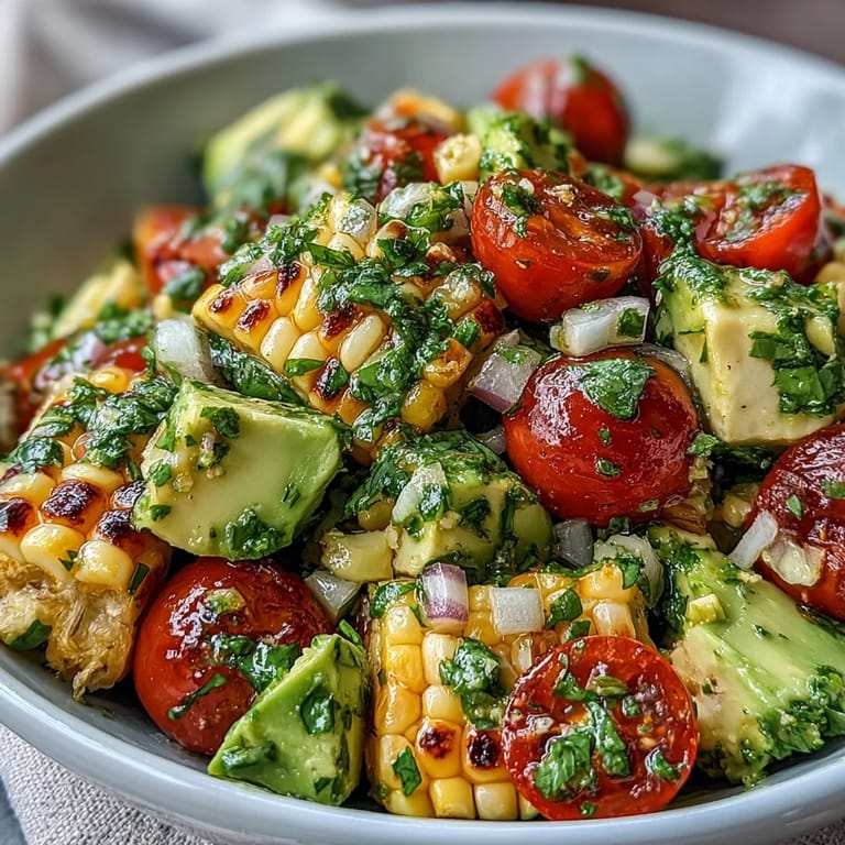 Colorful fresh corn and tomato salad with creamy avocado, garnished with cilantro and dressed in tangy lime for a bright, healthy meal.