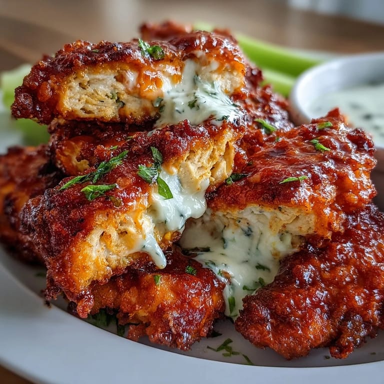 Spicy buffalo chicken tenders with almond flour coating, served alongside fresh celery and a rich, herby ranch dip.