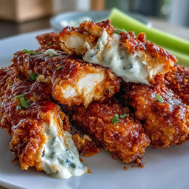 Golden fried chicken tenders tossed in spicy buffalo sauce, paired with crunchy celery and tangy ranch for a low-carb meal.  