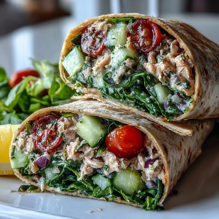 Healthy Tuna and White Bean Salad Wraps: light, Mediterranean-inspired wraps filled with tender tuna, smooth white beans, crunchy cucumber, and juicy tomatoes for a nourishing lunch.  