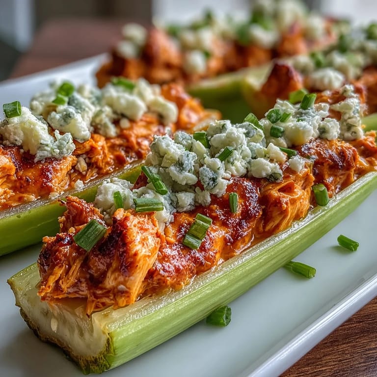 Spicy buffalo chicken mixture generously stuffed into crisp celery stalks and topped with creamy blue cheese crumbles for a zesty keto-friendly snack.  