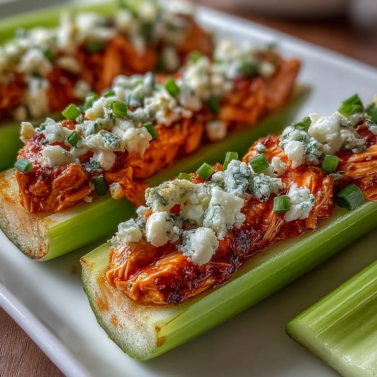 Fresh celery boats loaded with buffalo-seasoned chicken and finished with rich blue cheese, creating a perfect low-carb appetizer for game day or parties.