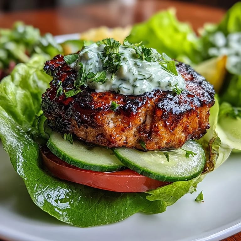 Healthy turkey burger lettuce wraps featuring avocado ranch dressing, nestled in fresh lettuce leaves with sliced tomatoes and cucumbers.