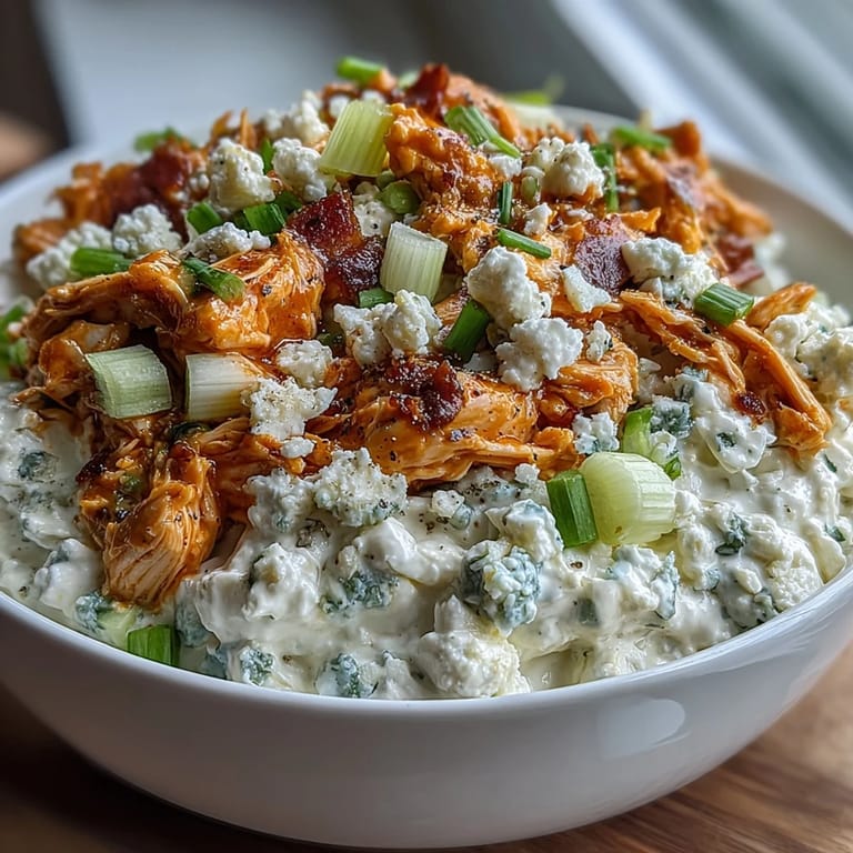 Zesty buffalo chicken salad mixed with cottage cheese and cheddar, served chilled with fresh vegetable crudités or crackers.  