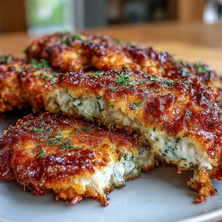 Juicy marinated chicken breasts fried to a crispy golden crust, topped with fresh dill and served with sliced pickles.  