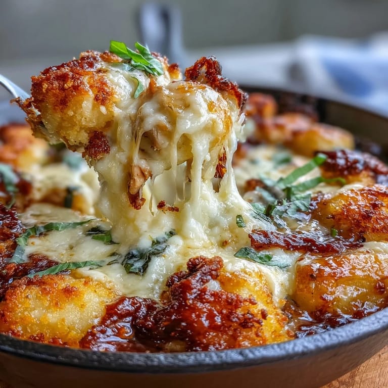 Creamy Chicken Parmesan Gnocchi baked in rich marinara, topped with melted mozzarella and crunchy Parmesan panko for ultimate comfort.  