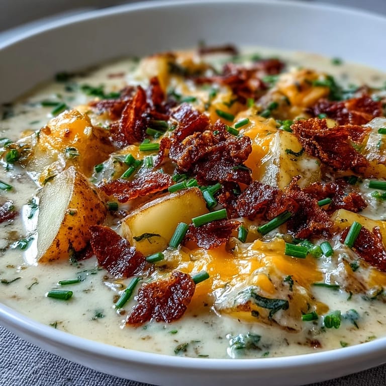 A comforting bowl of baked potato soup, featuring tender potatoes, melted cheese, and smoky bacon crumbles.  