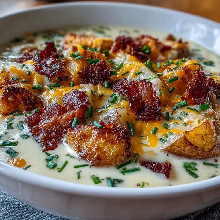 Rich and creamy baked potato soup served with crusty bread, garnished with chives and extra cheddar.