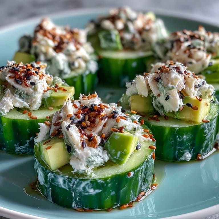Crisp cucumber slices tossed with crab and avocado in a savory sushi-style dressing, topped with sesame seeds.  