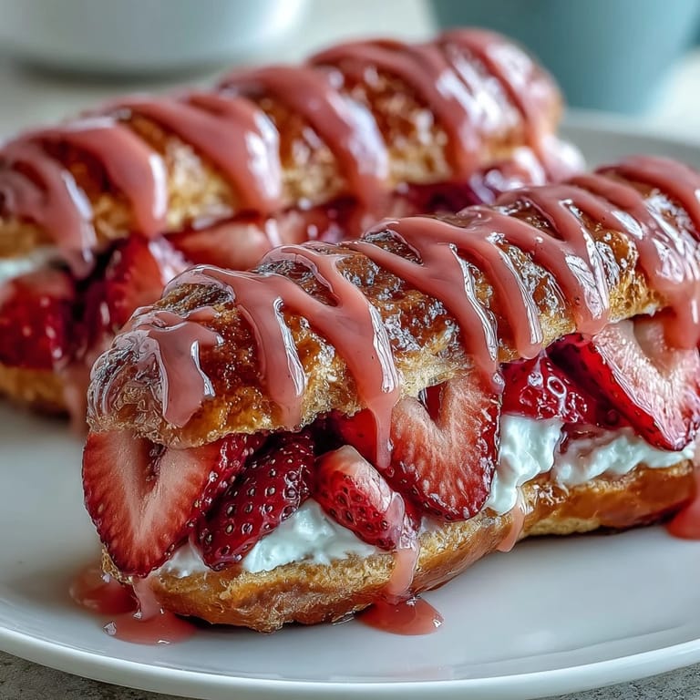 Delicate choux pastry éclairs bursting with luscious strawberry cream filling and a glossy pink strawberry glaze for a romantic dessert.