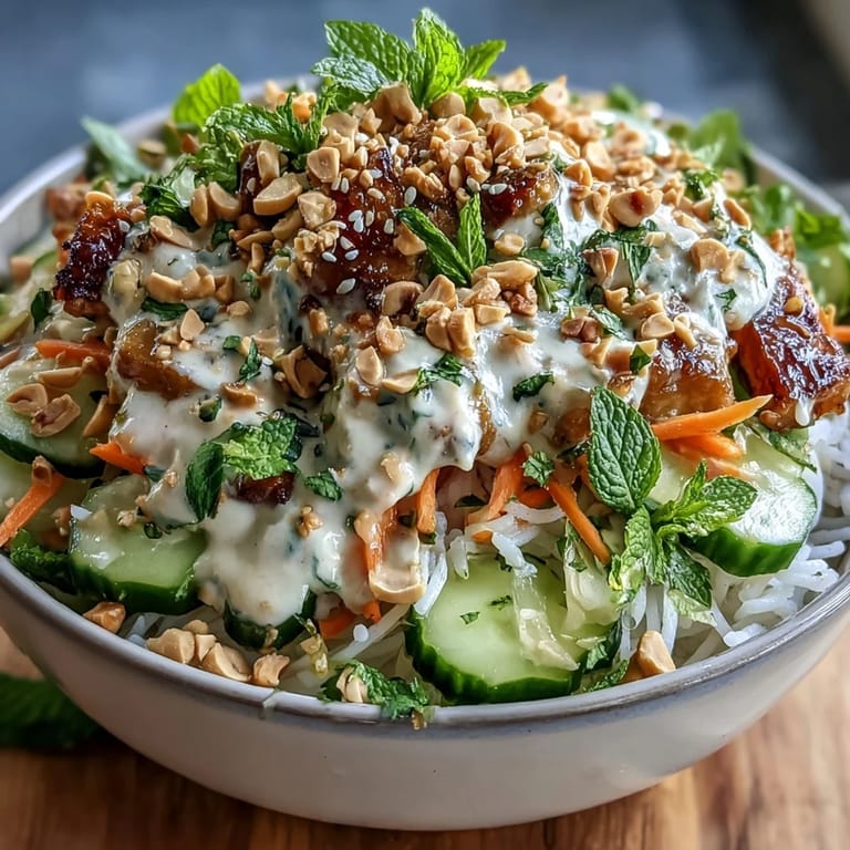 Deconstructed Asian Spring Roll Bowl with Peanut Sauce, loaded with crunchy vegetables, herbs, and silky peanut drizzle for a satisfying meal.