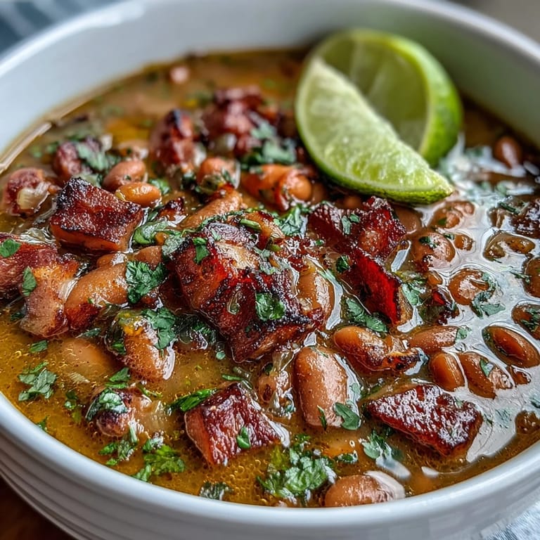 Warm bowl of Tex-Mex ham and pinto bean soup, featuring diced ham, pinto beans, and colorful bell peppers in rich broth.  