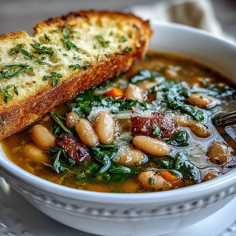 Rustic Italian soup featuring savory white beans, tomatoes, and greens, paired with golden, buttery garlic bread slices.  