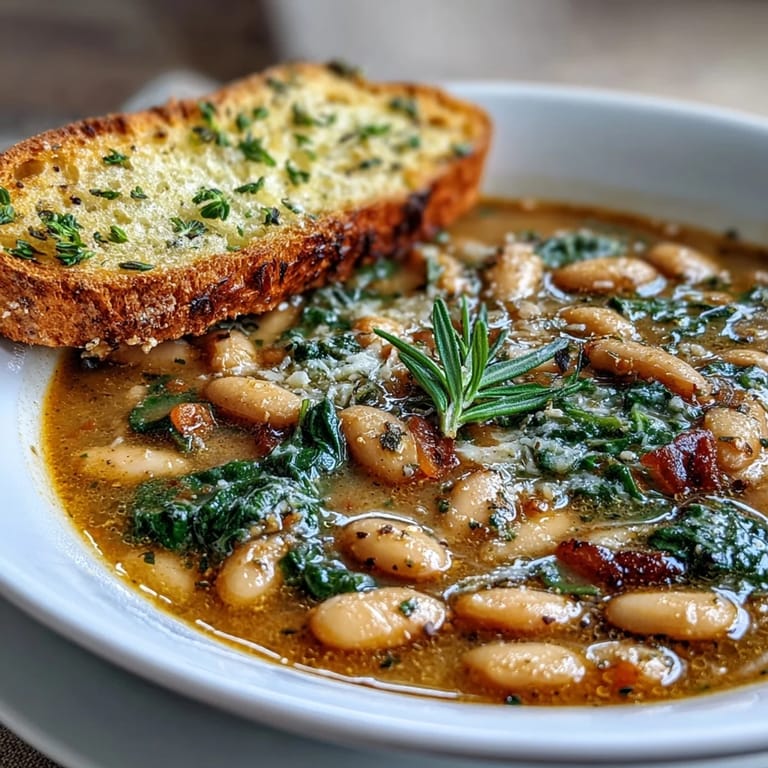 Comforting Tuscan bean soup brimming with tender vegetables and herbs, accompanied by warm, garlicky toasted bread.
