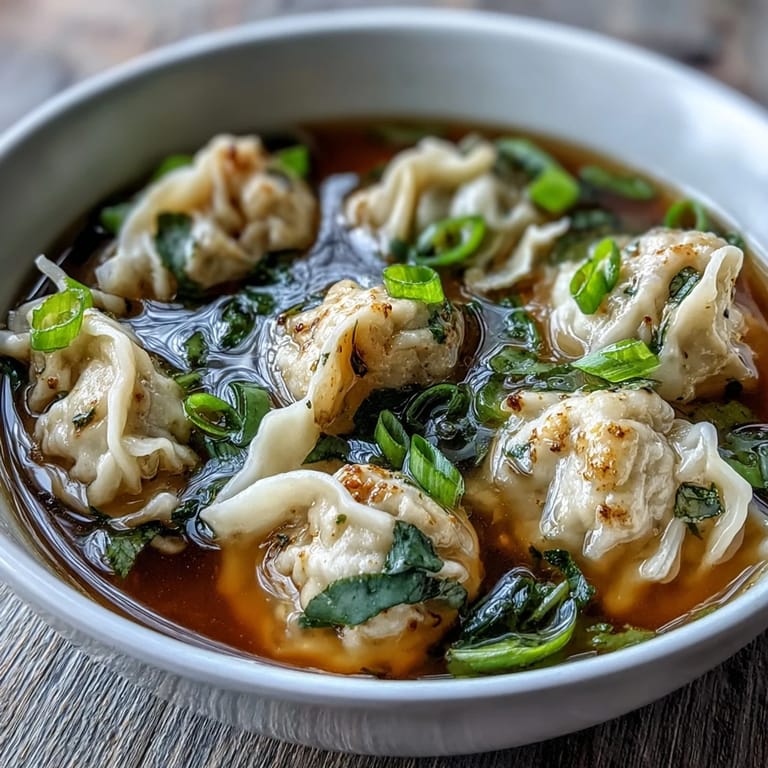 Savory Asian-inspired dumpling soup featuring juicy chicken dumplings floating in rich chicken broth, topped with vibrant green scallions.  