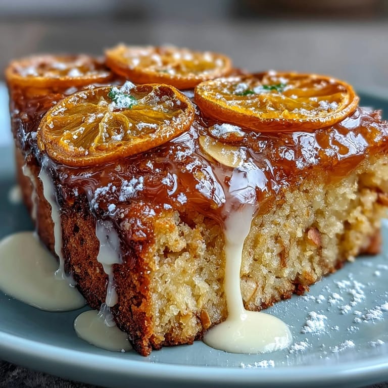 Fragrant almond cake infused with orange zest and topped with glossy candied orange slices, offering a tender crumb and bright citrus aroma.