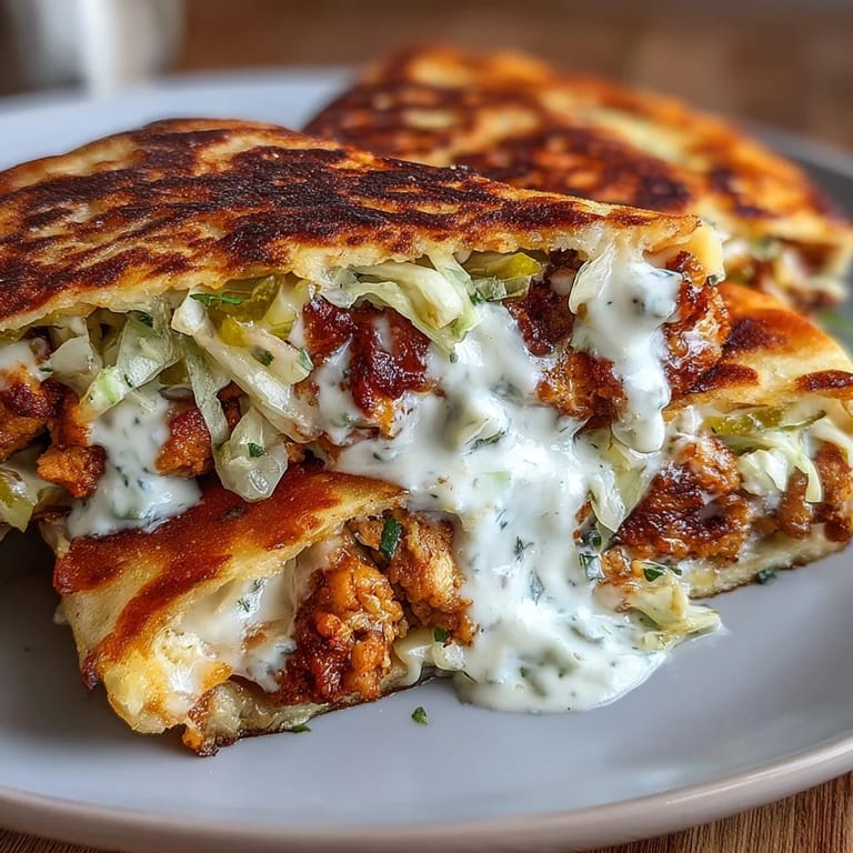 Golden-brown cheese lace tacos with seasoned ground chicken, fresh dill pickles, and zesty ranch cottage cheese drizzle for a bold flavor twist.  