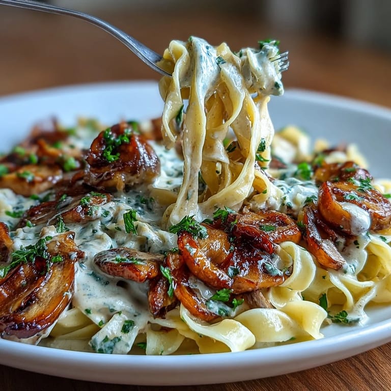 Savory vegetarian stroganoff featuring caramelized onions, mushrooms, and creamy sauce atop warm egg noodles, perfect for a hearty dinner.