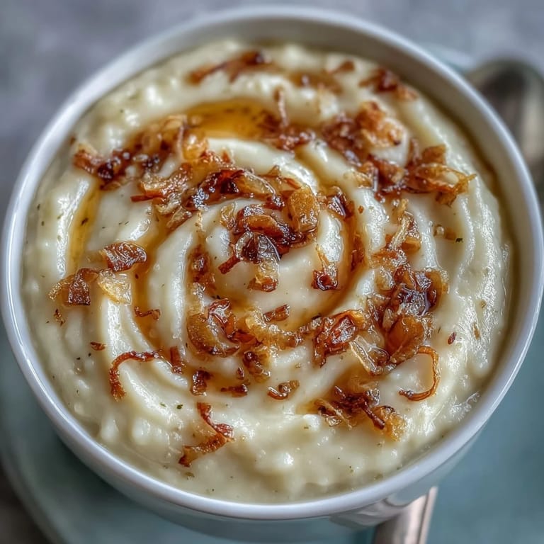 Rich and creamy Onion and Cauliflower Soup, pureed until smooth and served with a swirl of cream for elegance.