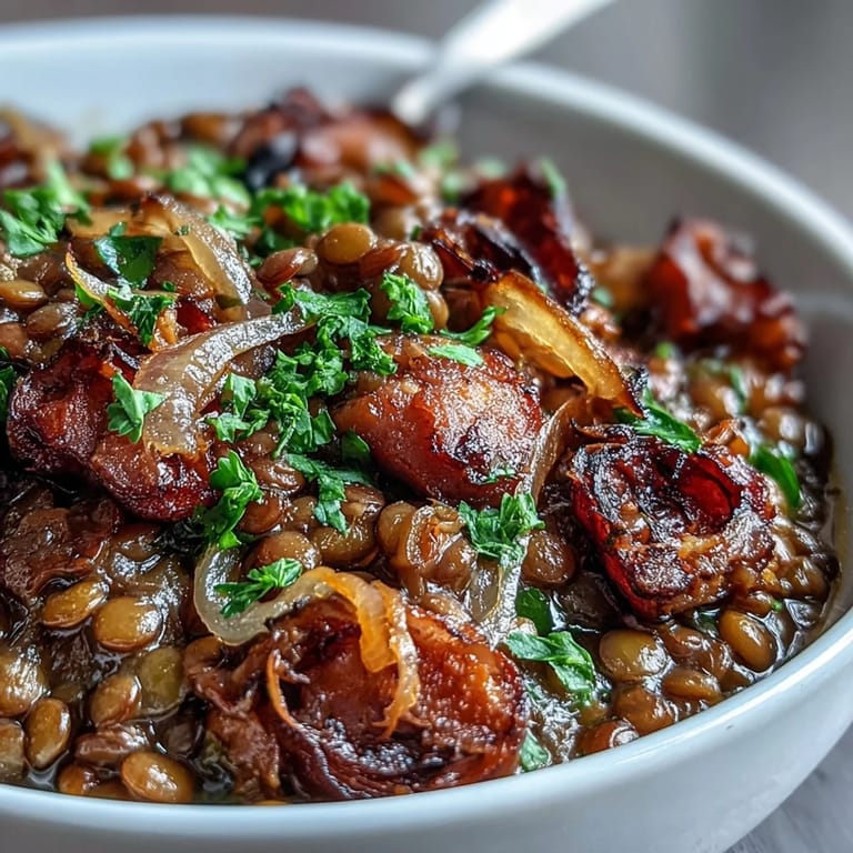 Hearty One-Pot Ham, Onion, and Lentil Stew brimming with diced ham, aromatic vegetables, and tender lentils in a rich, flavorful stock.