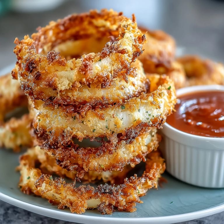 Hot onion rings fresh from the oven, perfectly crunchy with a zesty, smoky paprika dipping sauce on the side.  