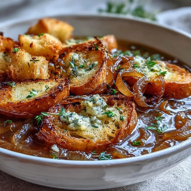 Creamy roasted garlic and onion soup served with golden herb croutons for a satisfying vegetarian meal.