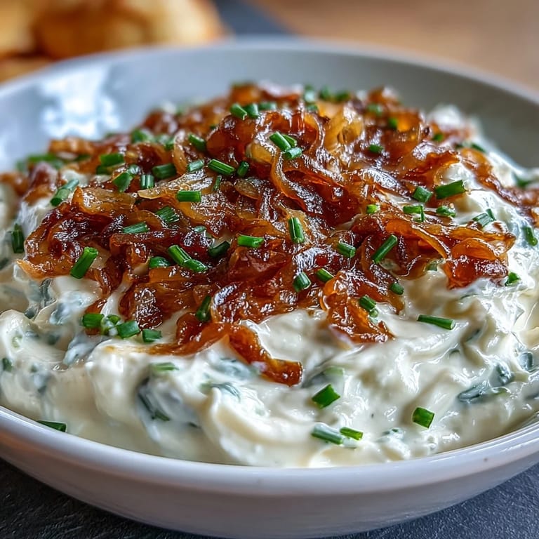 Rich and tangy caramelized onion dip made with Greek yogurt, perfect for parties or casual snacking.