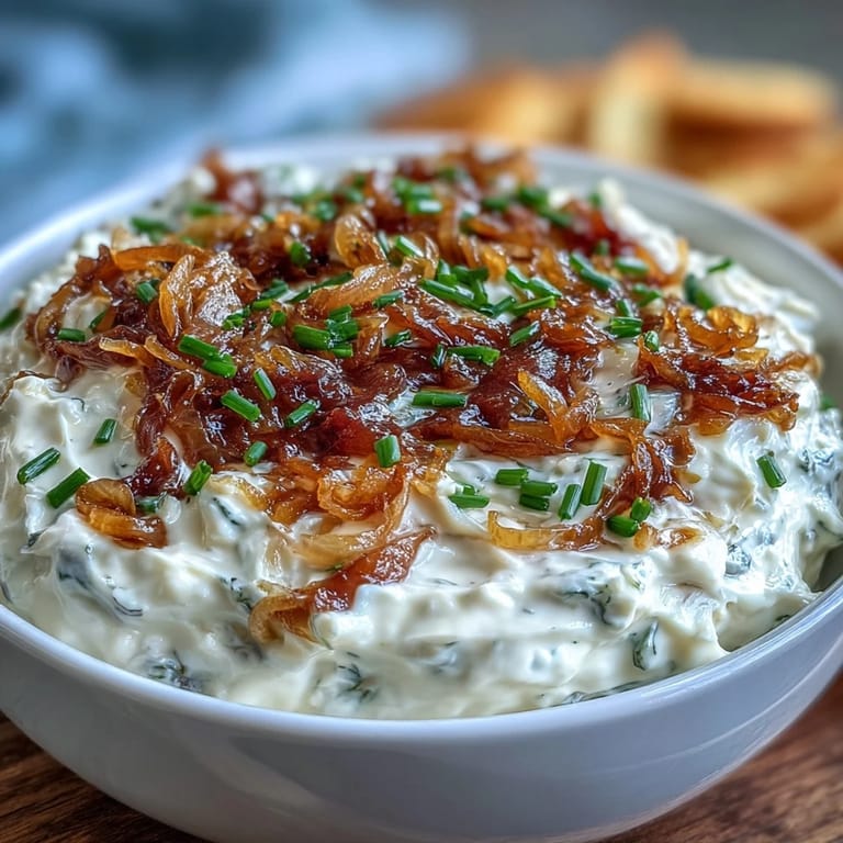 Velvety caramelized onion dip blended with Greek yogurt, topped with chives and ready for dipping with crackers.